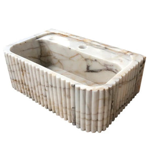 Calacatta Gold marble wall-mount bathroom vanity sink by Villohome, fluted white with gold veining, 18W x 36L x 7H