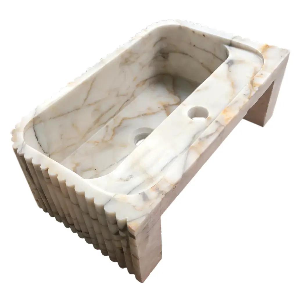 Calacatta Gold marble wall-mount bathroom vanity sink, Villohome, fluted sides, 36in L x 18in W x 7in H.