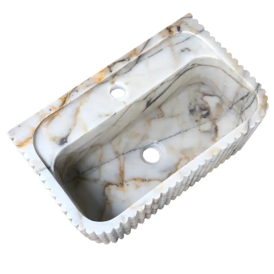 Calacatta Gold marble wall-mount vanity sink, fluted edge, white basin with gold veining, 18x36 in, Villohome
