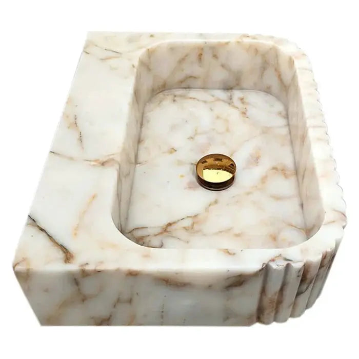 Calacatta Gold marble wall-mount bathroom vanity sink, Villohome, fluted edge, gold drain, 16x20x6 in
