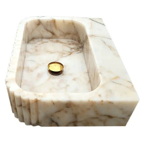 Calacatta Gold marble wall-mount bathroom vanity sink with fluted sides, 16x20x6 in.