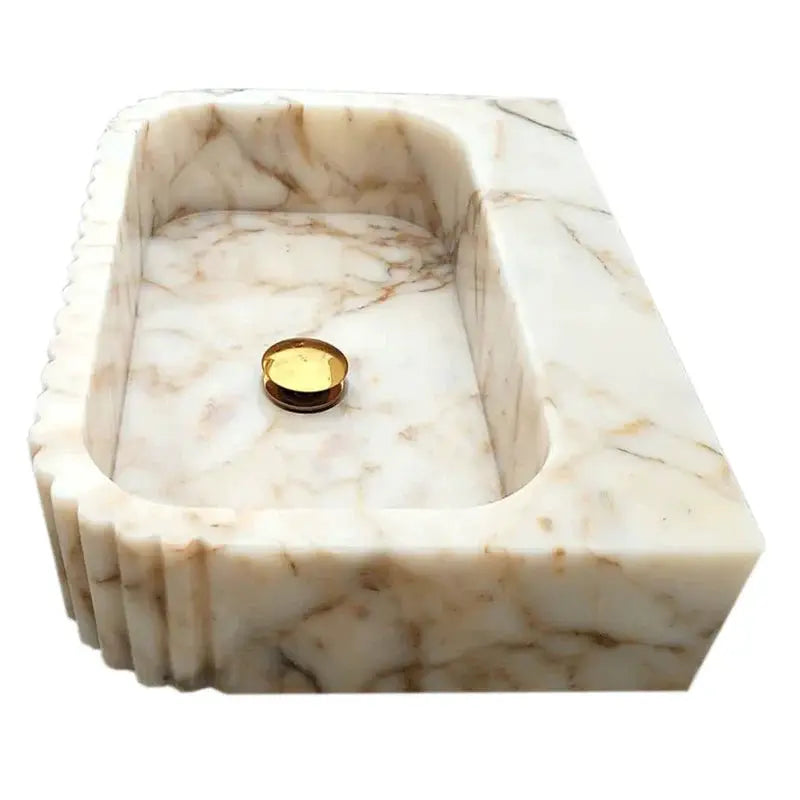 Calacatta Gold marble wall-mount bathroom vanity sink with fluted sides, 16x20x6 in.