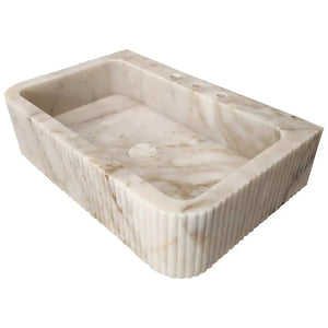 Villohome Calacatta Gold Marble wall-mount bathroom vanity sink with fluted sides, 18x30 inches.