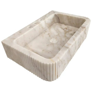 Villohome Calacatta Gold marble wall-mount bathroom vanity sink, rectangular fluted basin, 30in long.