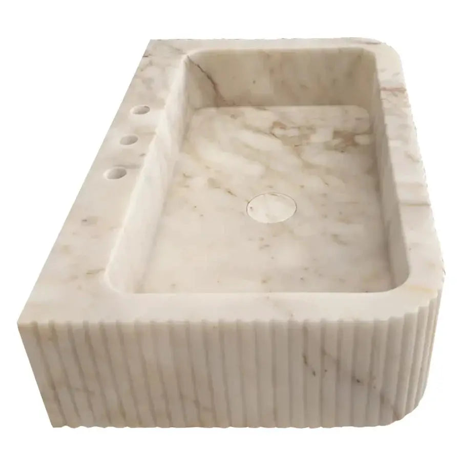 Calacatta Gold marble wall-mount bathroom vanity sink with fluted exterior and 3 faucet holes
