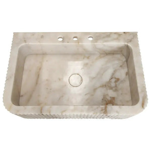 Bathroom vanity sink, Calacatta Gold marble wall-mount by Villohome, fluted edge, 18x30x8 inches