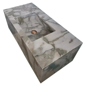 Villohome Calacatta Verde marble rectangular wall-mount bathroom sink with 10-inch backsplash and copper drain