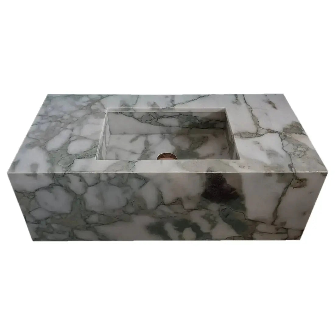 Calacatta Verde marble rectangular wall-mount bathroom sink by Villohome with 10-in backsplash