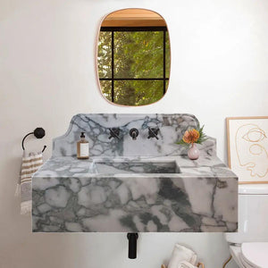 Calacatta Verde Marble rectangular wall-mount bathroom sink with 10-in backsplash, gray-veined white marble.