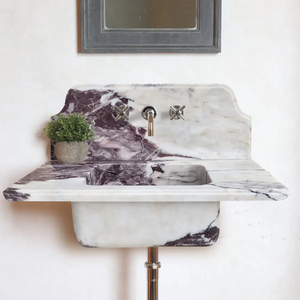 Calacatta Viola marble above-vanity wall-mount bathroom sink by Villohome with 10-inch backsplash and chrome faucet.