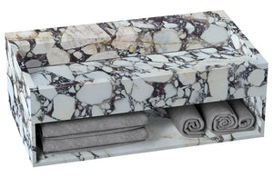 Calacatta Viola marble wall-mount bathroom sink with hidden drain and storage shelf, gray towels