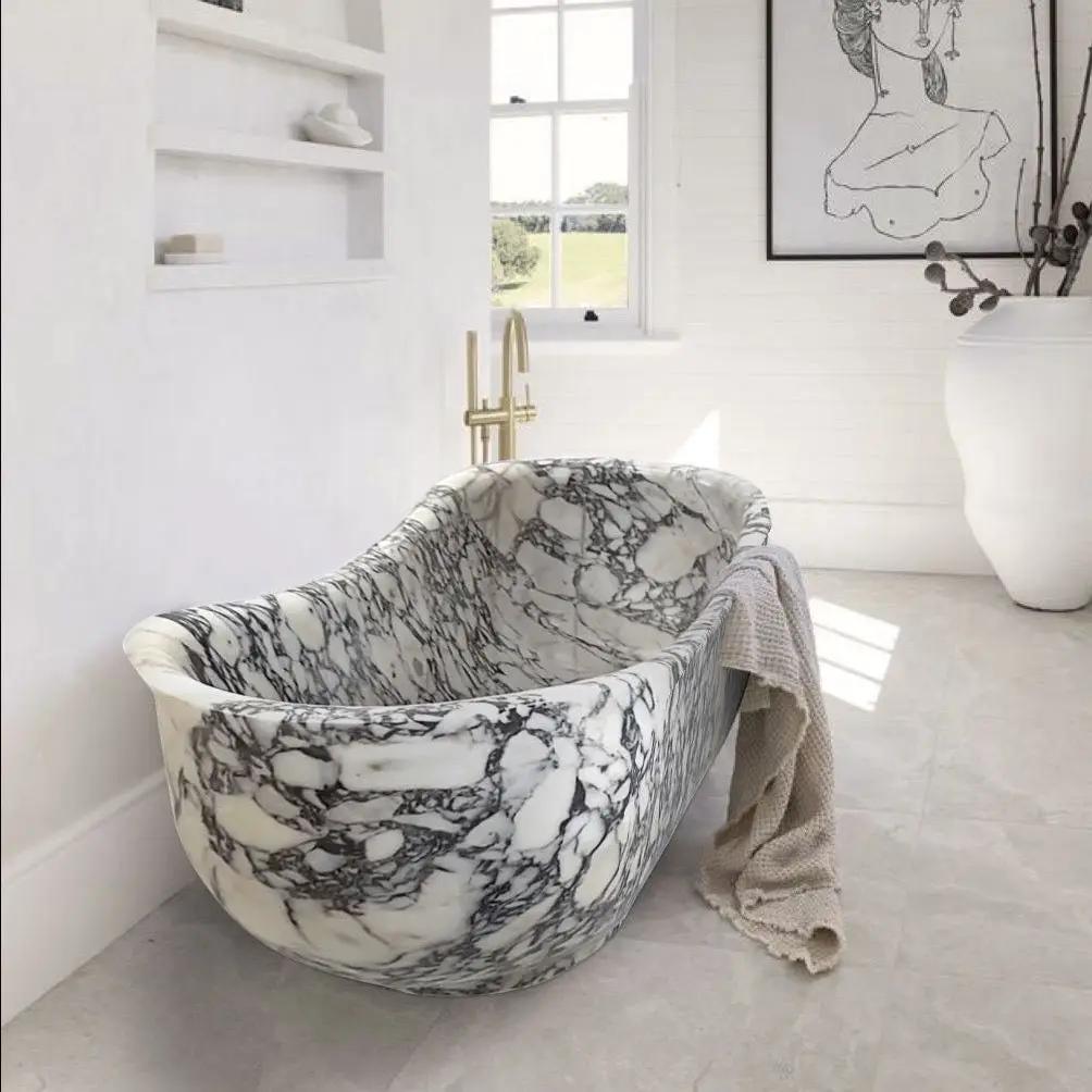 Calacatta Viola freestanding marble bathtub by Villohome, white with gray veining; 34W x 70L x 26H