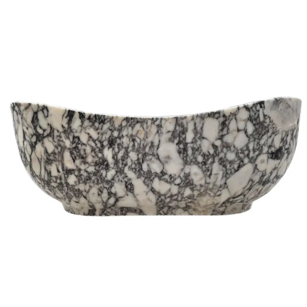Calacatta Viola bathtub by Villohome; freestanding marble tub, white with dark veining, 34W x 70L x 26H in