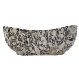 Calacatta Viola bathtub by Villohome; freestanding marble tub, white with dark veining, 34W x 70L x 26H in