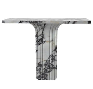 Calacatta Viola marble console table by Villohome, polished white with grey veining, 40 L x 15 W x 32 H, pedestal base.