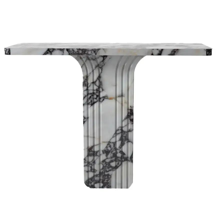 Calacatta Viola marble console table by Villohome, polished white with grey veining, 40 L x 15 W x 32 H, pedestal base.