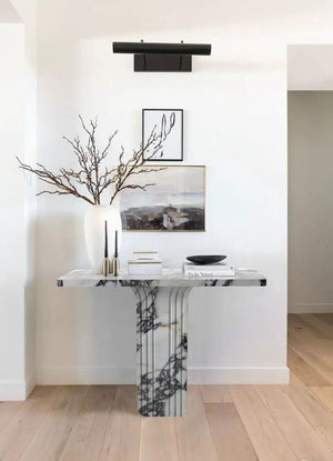 Calacatta Viola Marble designer console by Villohome, polished marble with dark veining, 40W x 15D x 32H.
