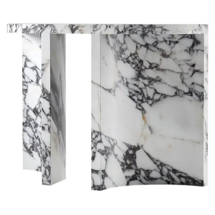 Console table in Calacatta Viola marble with arched legs and polished finish