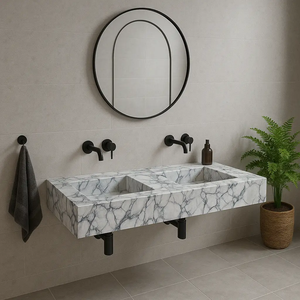 Calacatta Viola marble bathroom double sink vanity Villohome with black wall-mounted faucets