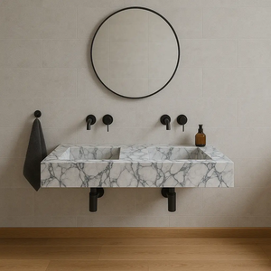 Calacatta Viola marble bathroom double sink vanity by Villohome; white marble with gray veining, wall-mounted
