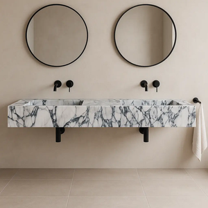 Villohome Calacatta Viola marble double sink bathroom vanity with black wall-mounted faucets