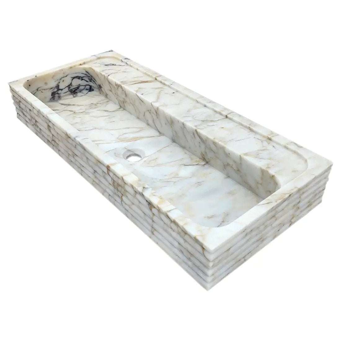 Calacatta Viola gold marble wall-mount bathroom sink by Villohome, horizontal fluted, 36-inch wide.