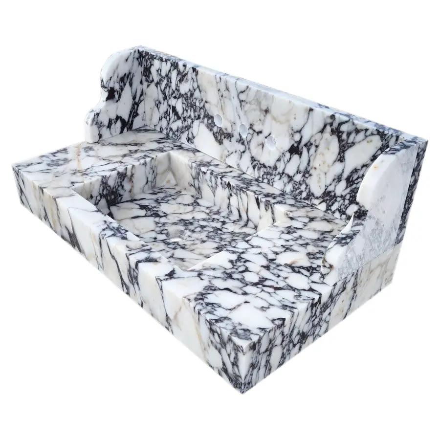 Calacatta Viola marble wall-mount bathroom sink with 10-inch backsplash, white with dark veining