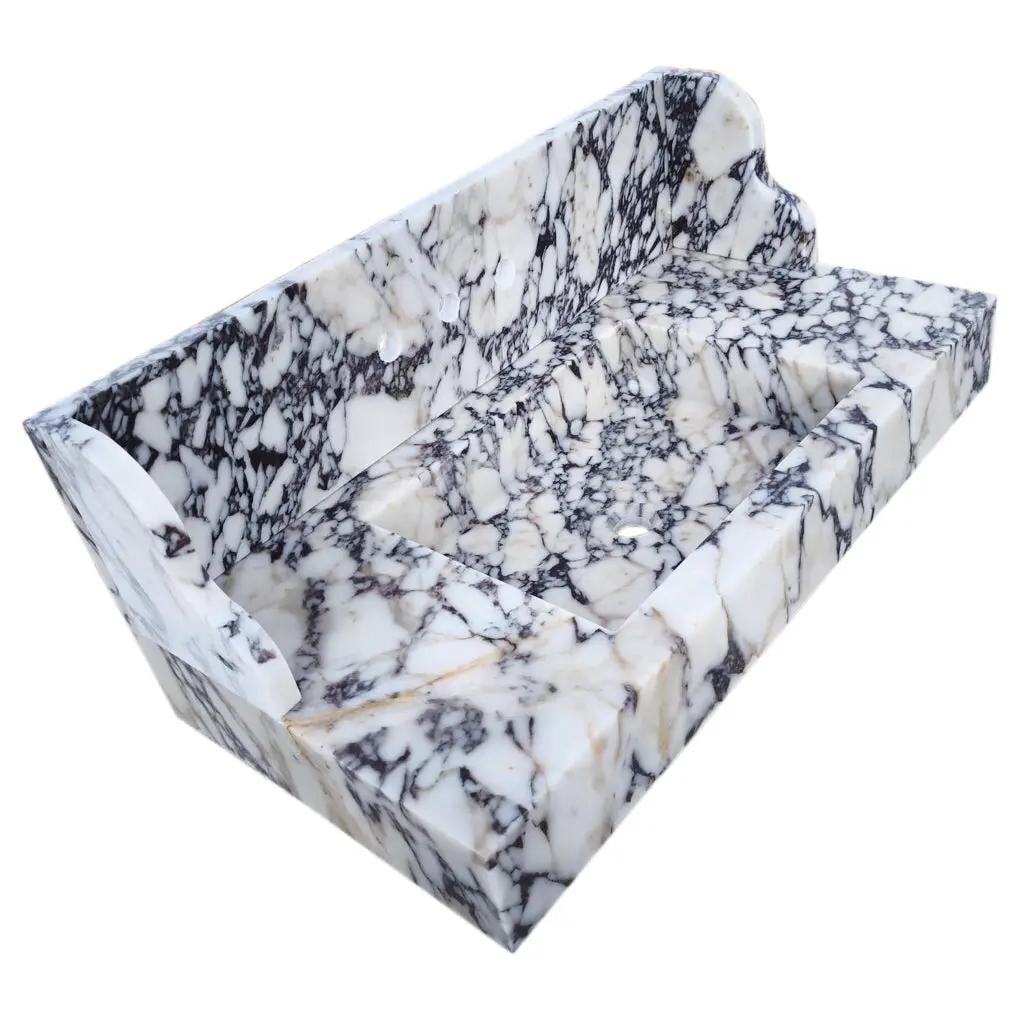 Calacatta Viola marble wall-mount bathroom sink with 10-inch backsplash, white with dark veining, Villohome.