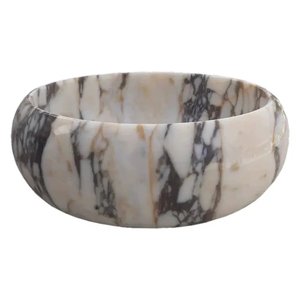 Calacatta Viola marble round vanity sink by Villohome, polished stone, 16-inch diameter