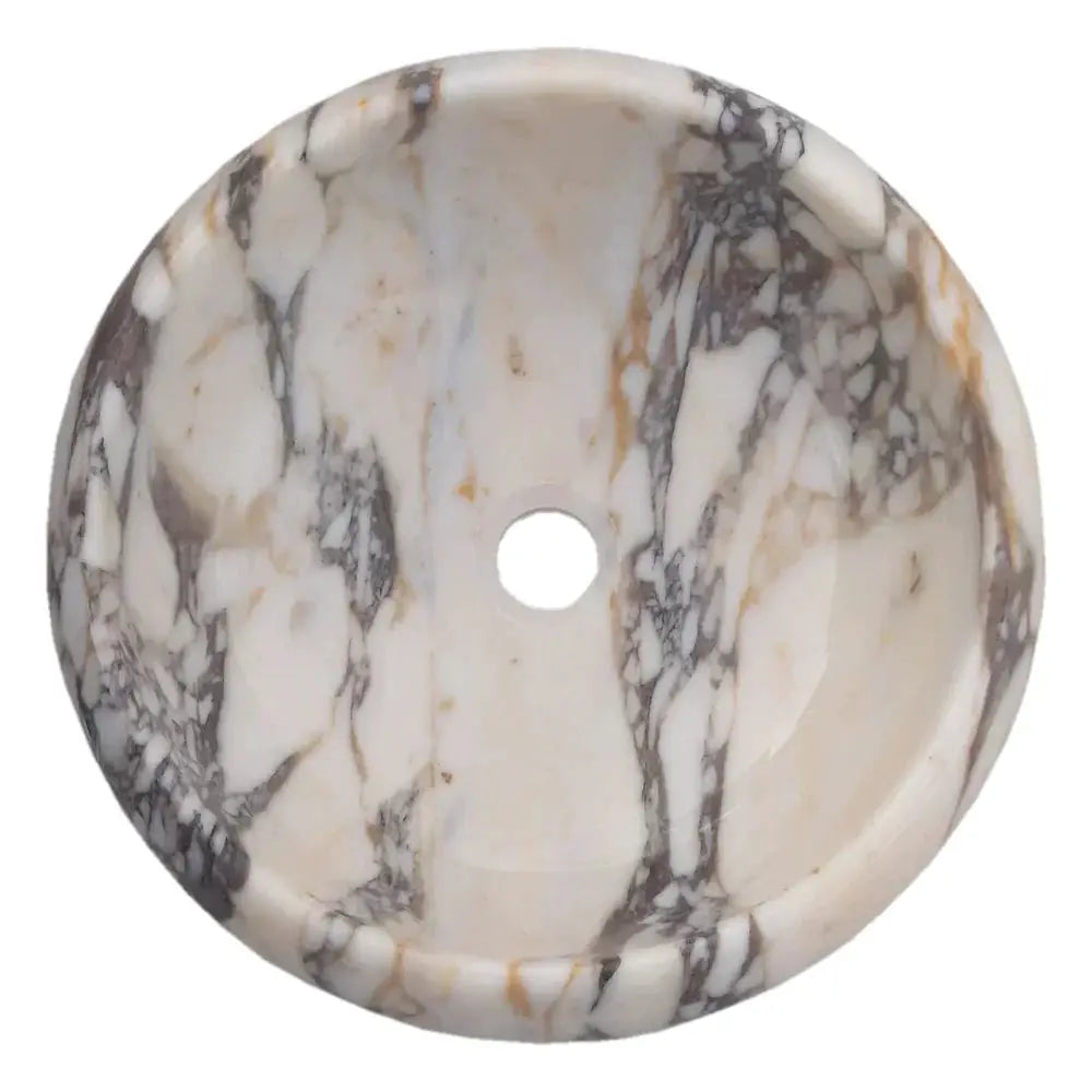 Calacatta Viola round marble bathroom sink by Villohome, polished white with gray veining and center drain, 16 inches