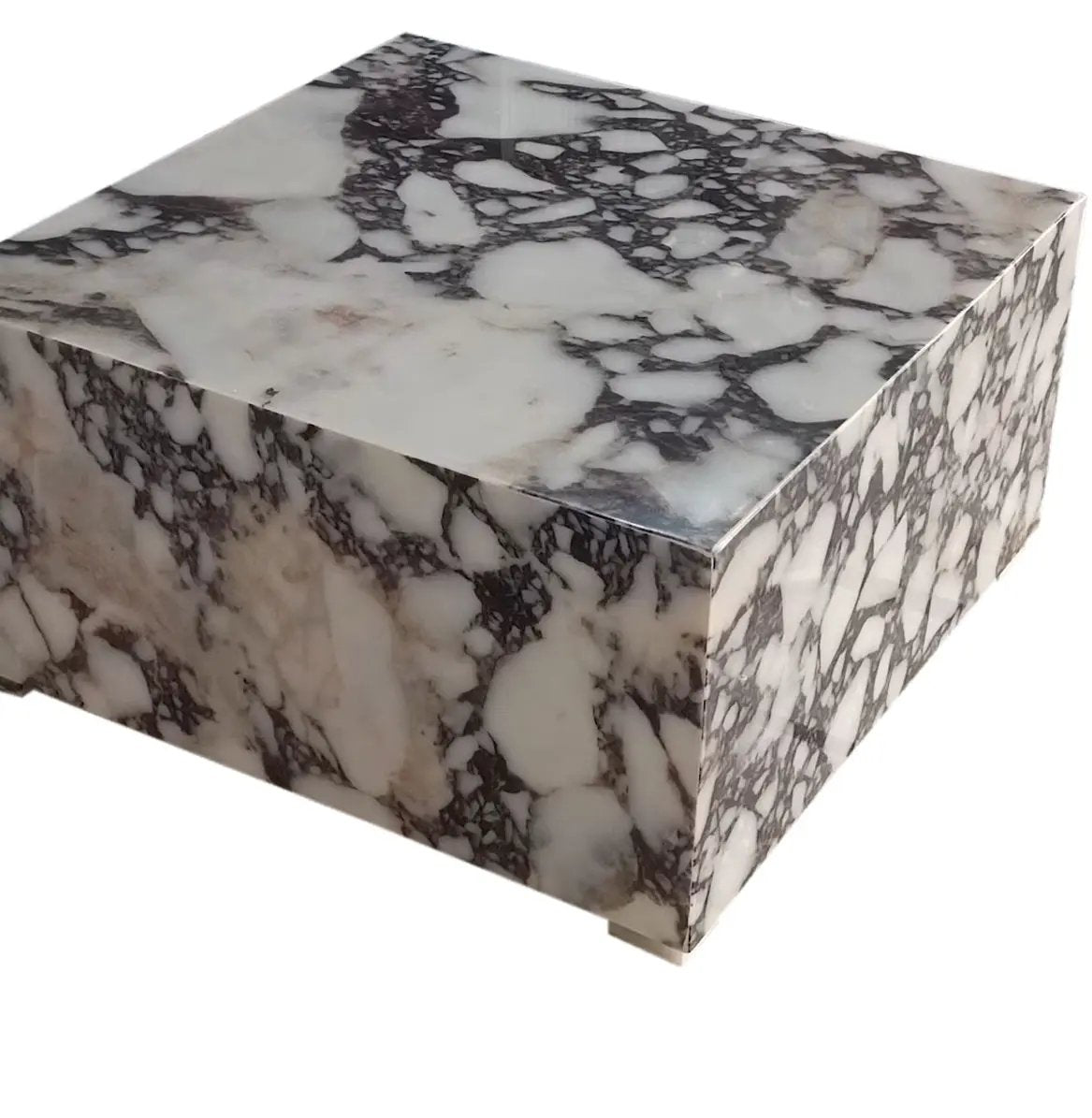 Calacatta Viola marble rectangular coffee table, Villohome block prism design in white with dark veining.