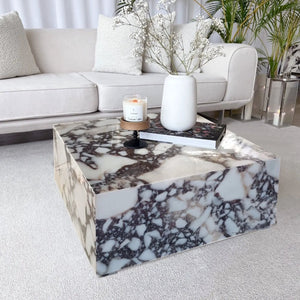 Calacatta Viola marble rectangular coffee table by Villohome, white with dark veining, 24x24x12 in.