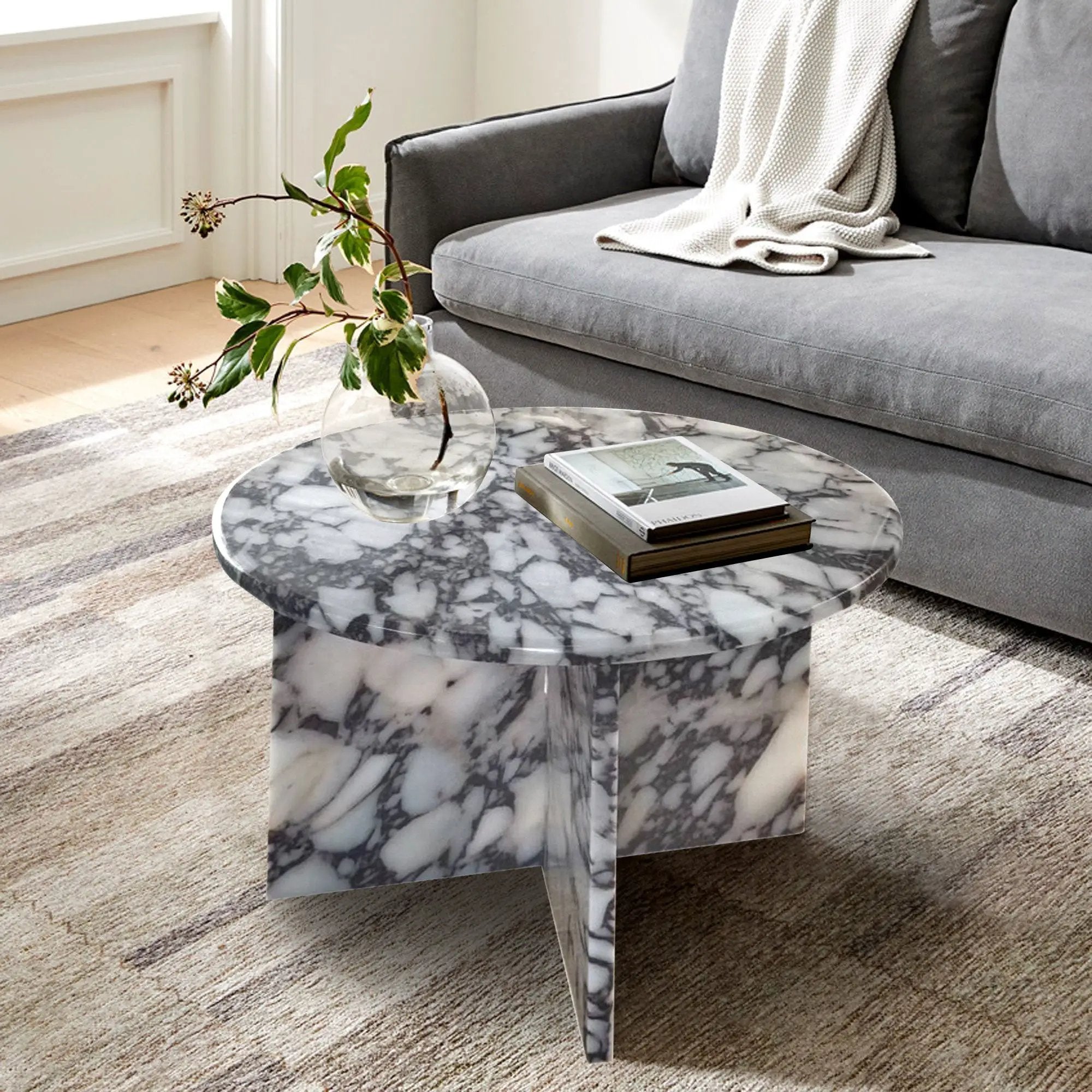 Calacatta Viola marble round polished coffee table by Villohome, 24in diameter, 16in high