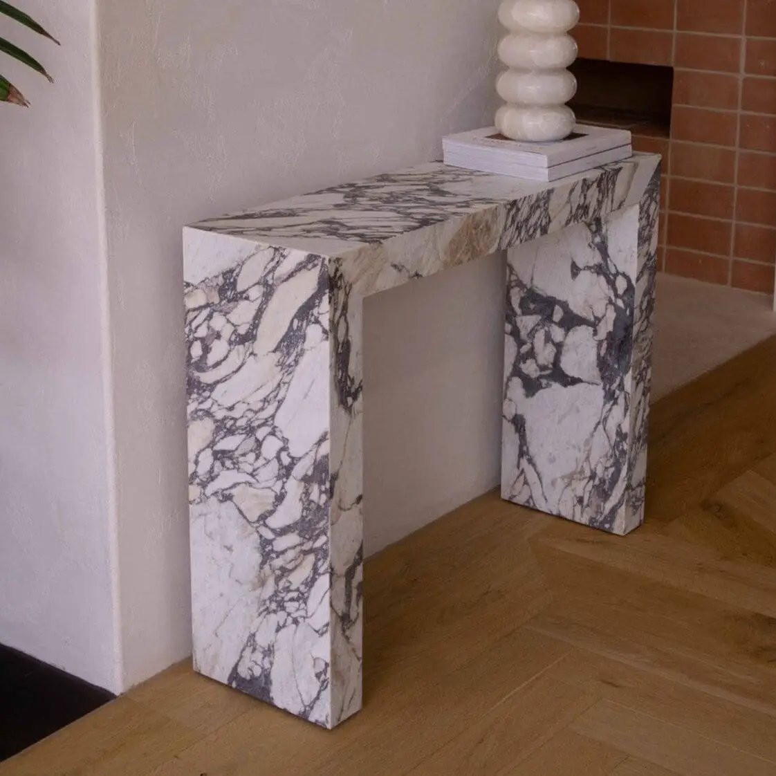 Villohome Calacatta Viola Marble rectangular console sofa table, polished white with gray veining