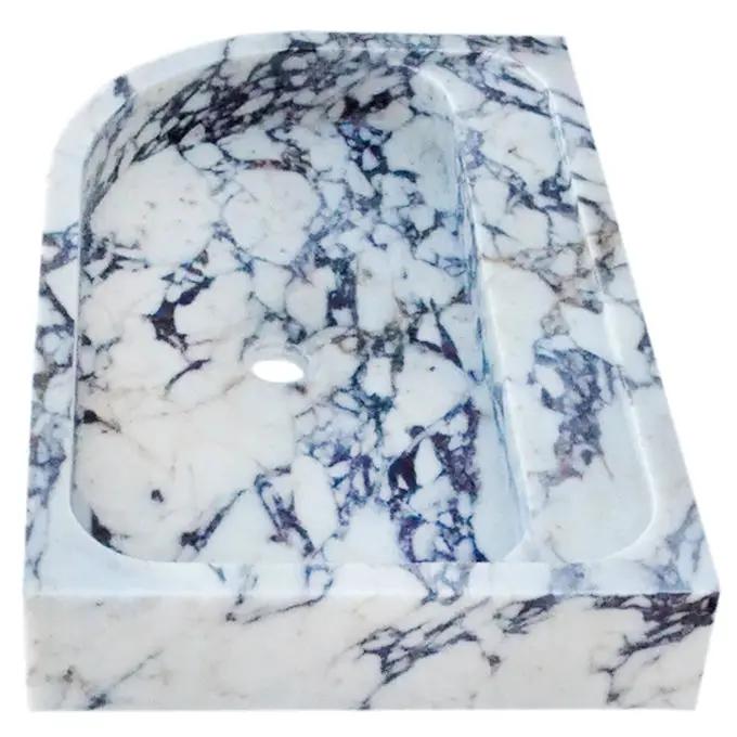 Calacatta Viola Marble wall-mount corner sink by Villohome, white with purple veining for bathroom vanities.