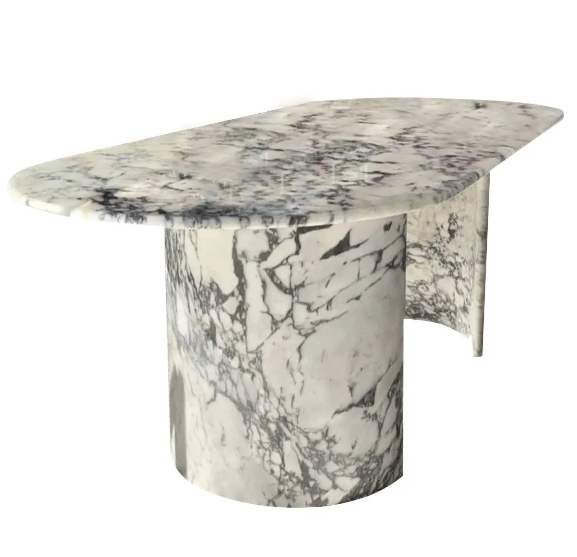 Calacatta Viola marble oval dining table by Villohome with polished finish and C-shaped legs