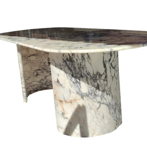Calacatta Viola marble oval dining table by Villohome with polished finish and C-shaped marble legs
