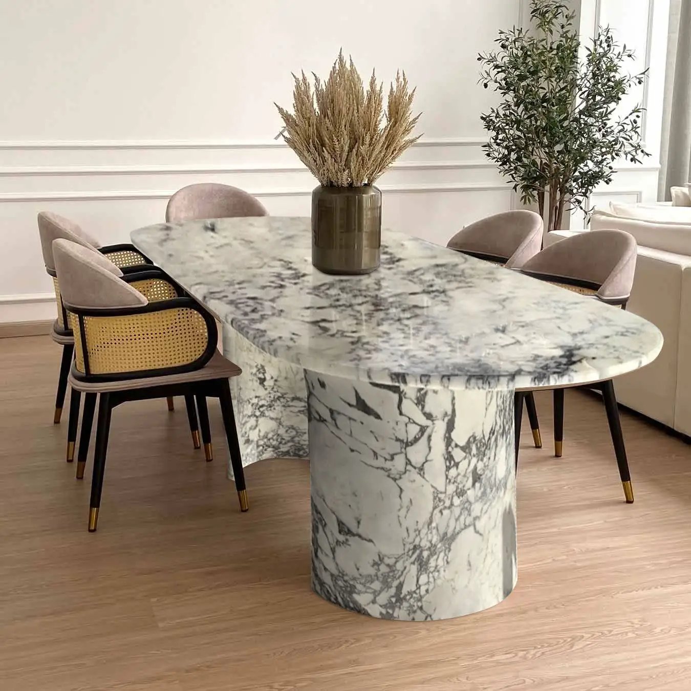 Calacatta Viola marble oval dining table with polished surface and pedestal base