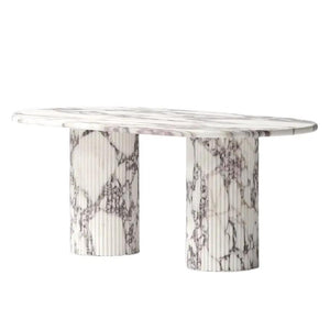 Calacatta Viola marble oval dining table with fluted round legs