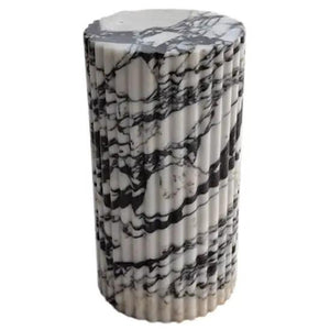 Villohome Calacatta Viola marble plinth side table, fluted polished cylinder