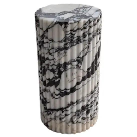 Villohome Calacatta Viola marble plinth side table, fluted polished cylinder