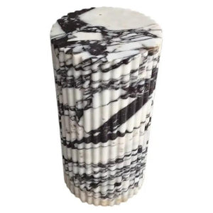 Calacatta Viola marble plinth side table by Villohome, fluted polished, 10x10x16 inches