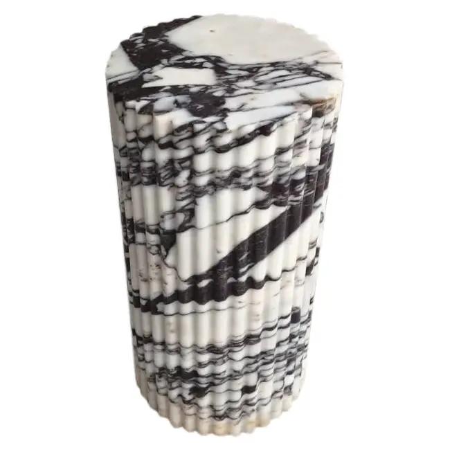 Calacatta Viola marble plinth side table by Villohome, fluted polished, 10x10x16 inches