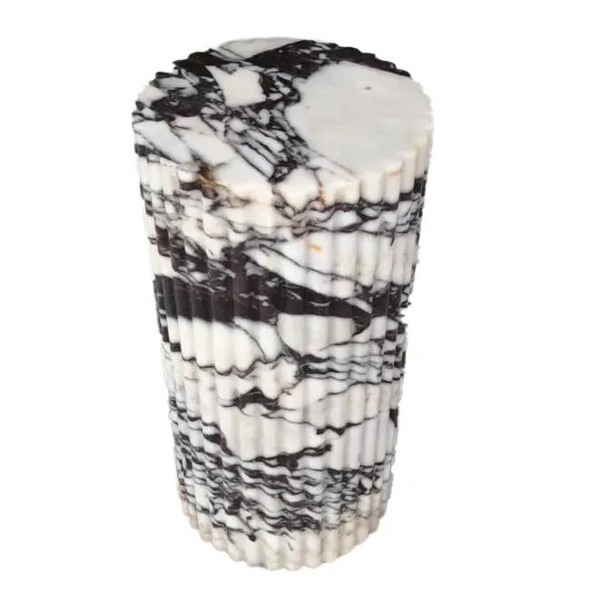 Calacatta Viola marble fluted plinth side table, polished white with dark veining