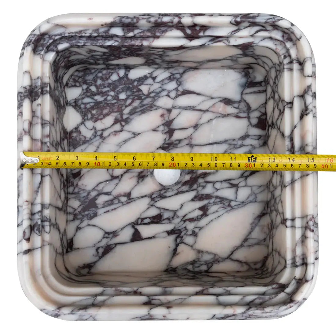 Calacatta Viola marble wall-mount square fluted bathroom sink with purple veining, Villohome, 16x16x6 inches