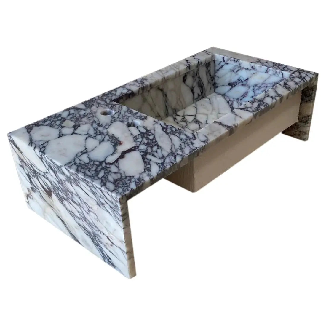 Calacatta Viola marble rectangular wall-mount bathroom sink by Villohome with side faucet holes