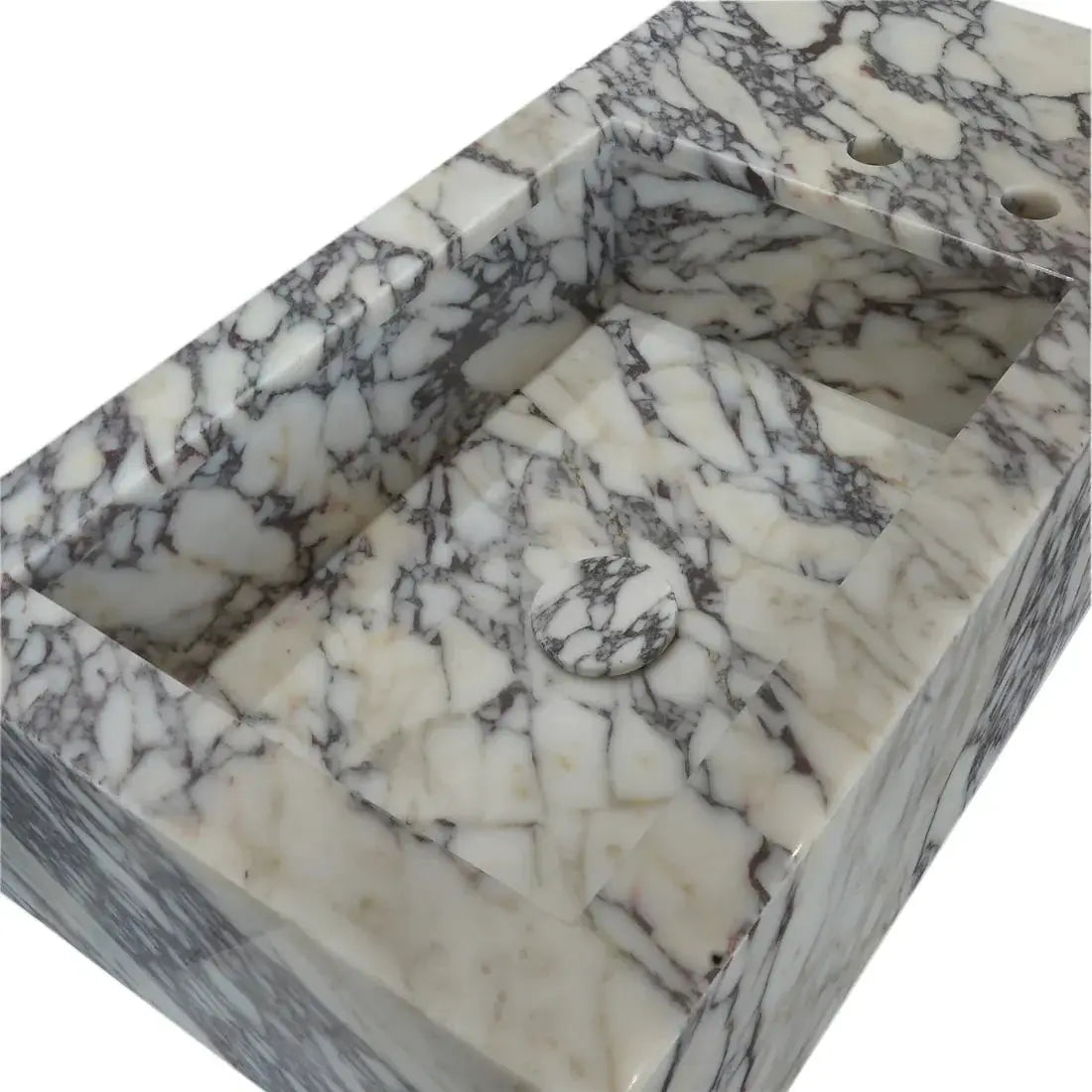 Calacatta Viola marble rectangular wall-mount bathroom sink by Villohome with side faucet holes.