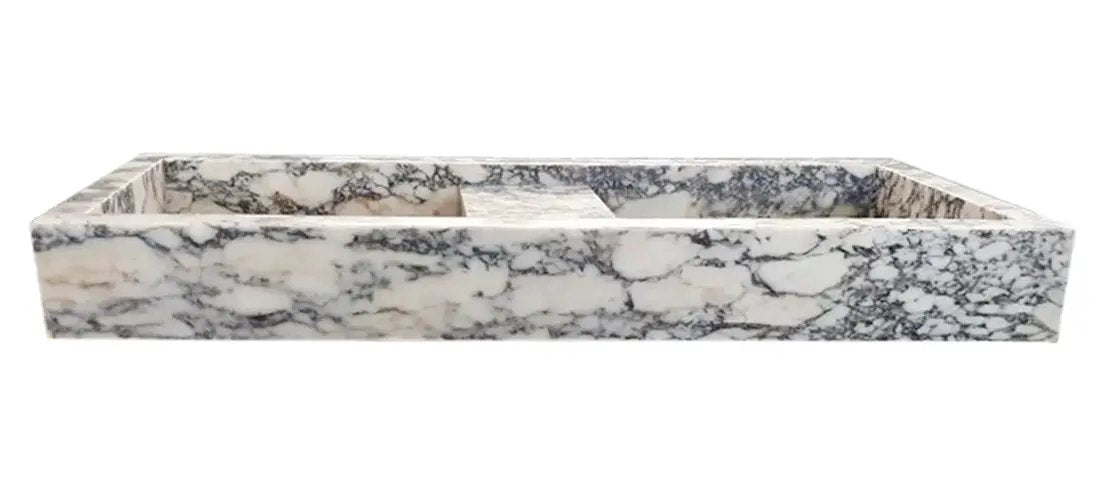 Calacatta Viola marble double bathroom sink by Villohome, polished, white with gray veins, 53x19x6 in
