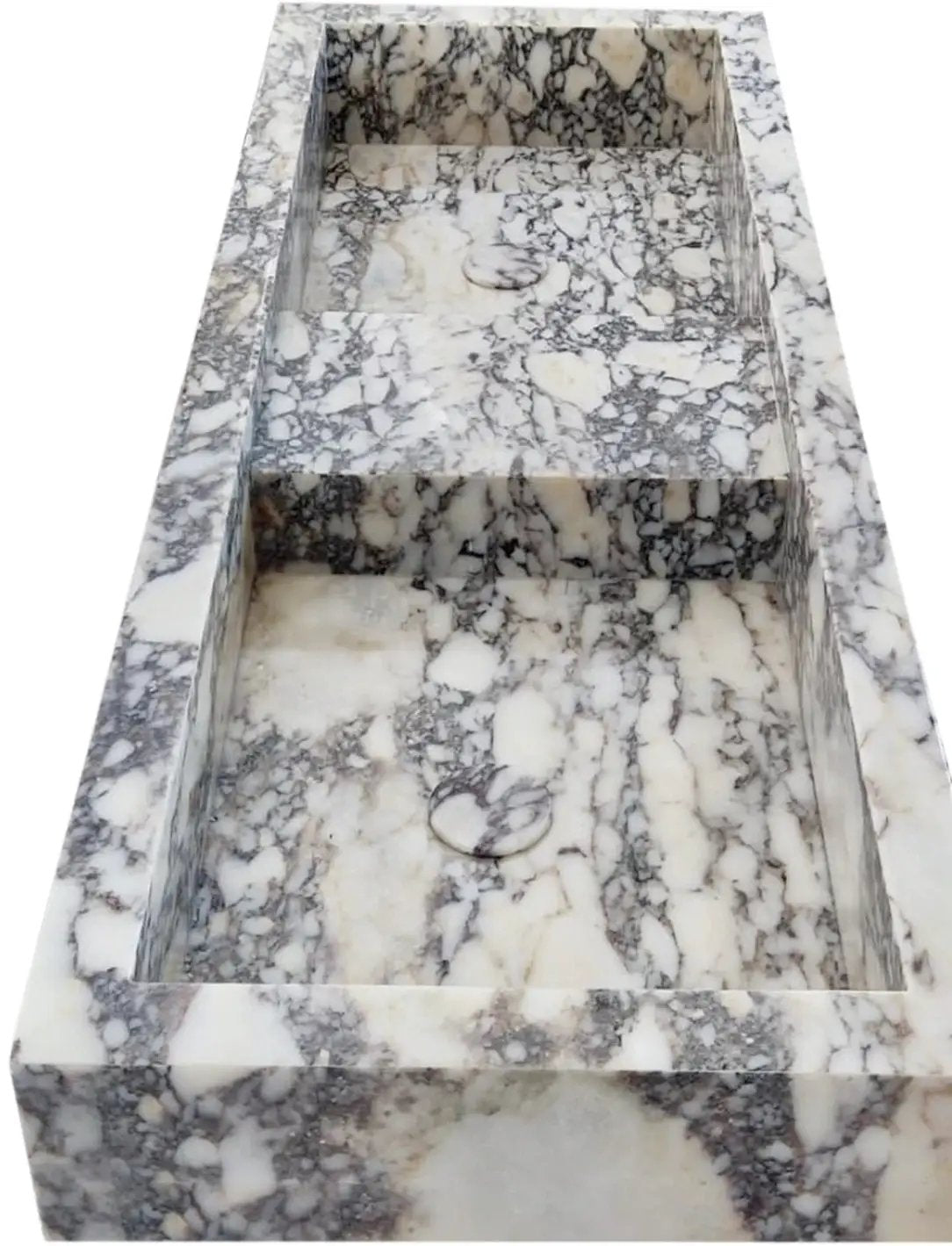 Calacatta Viola marble double-basin bathroom sink, polished finish, 53 in long x 19 in wide x 6 in high