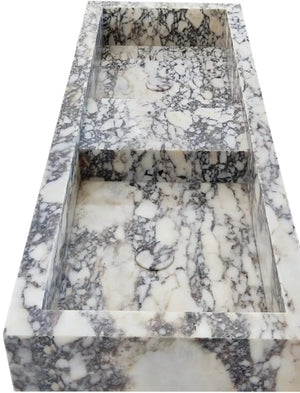 Calacatta Viola marble double-basin bathroom sink, polished finish, 53 in long x 19 in wide x 6 in high